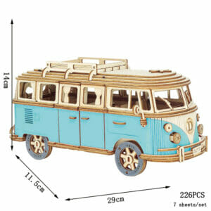 Puzzle 3D Voiture Campervan Bleu en Bois 226 Pièces Age 8+ 29x12x14cm
